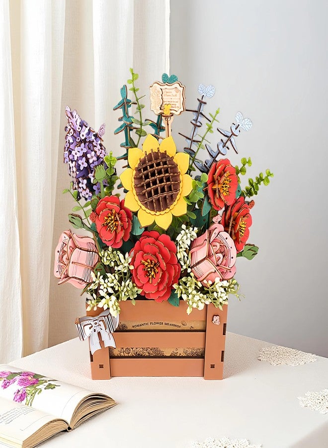 ROBOTIME 3D Wooden Bloom Box Puzzle, Adults' Flower Bouquet Building Set, Artificial Flowers Home Decor, Gift for Wedding/Mother's Day/Birthday, Wood Craft Kit - Image 1