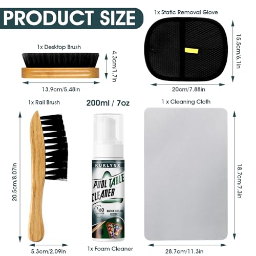 KukLynx Foam Billiard Tables Cleaner Spray with 2 Pool Table Brushes, 1 Static Gloves, 1 Cloth - Essential Pool Table Cleaning Kit & Billiards Pool Table Accessories Kit for Billiards Players - Image 2