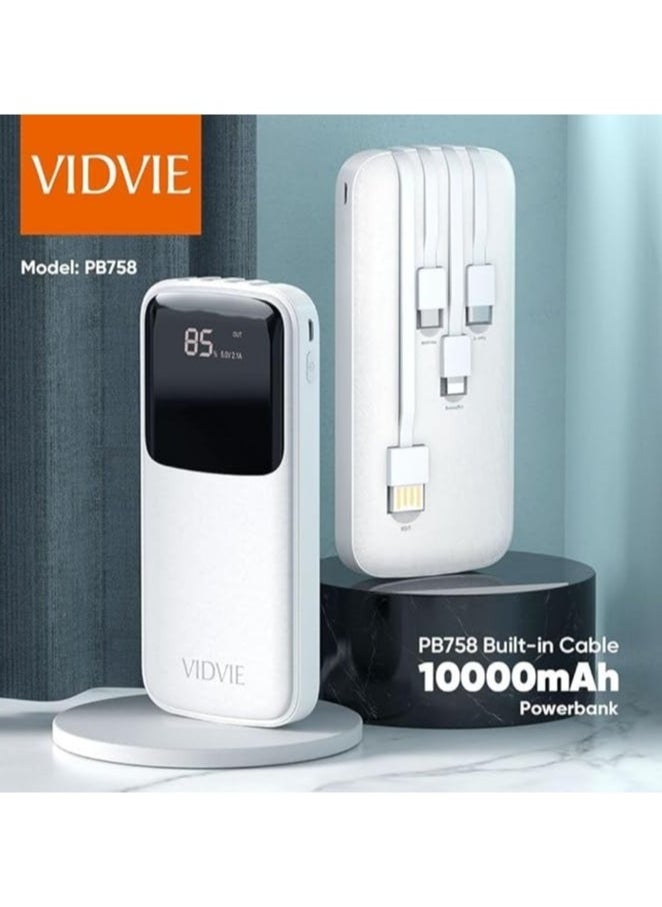 فيدفي - باور بانك Vidvie PB758 4 في 1 (Usb,Type-c,Micro,) شاحن سريع 10,000 مللي أمبير - 4 كابلات مدمجة (أبيض) - Image 1