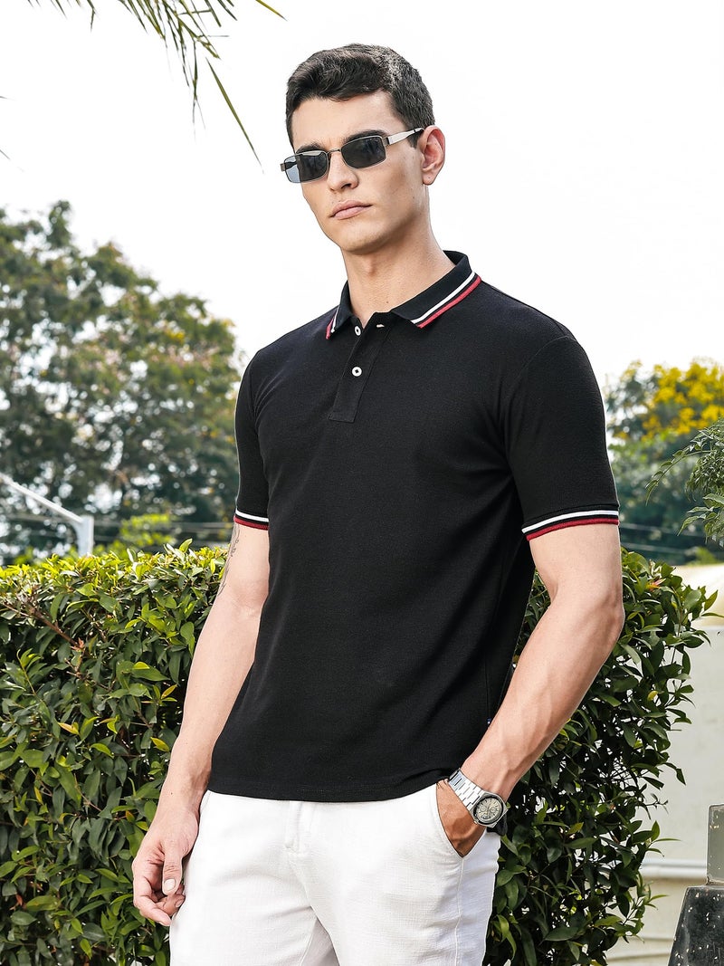 Thomas Scott Men's | Solid | Knitted | Polyster Blend | Knitted | Polo | Ribbed Sleeve | Short Sleeve | Tshirt for Men (TSSMPT06_Black_S) - Image 2