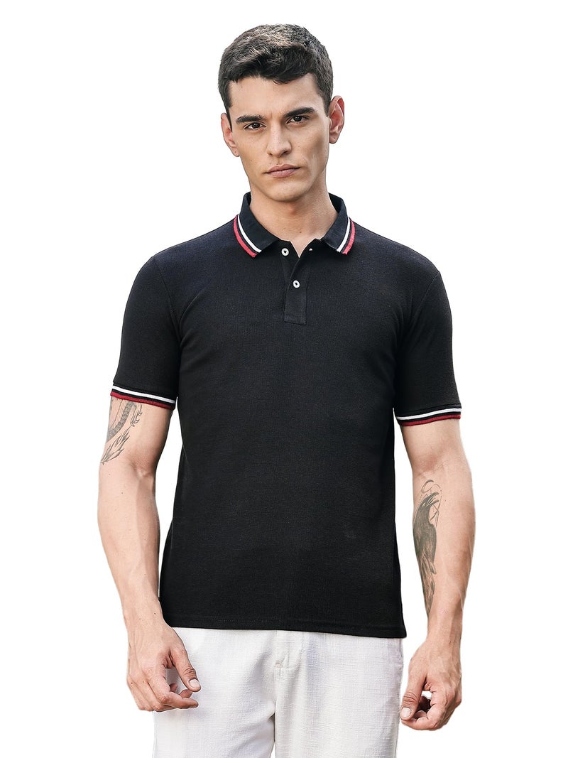 Thomas Scott Men's | Solid | Knitted | Polyster Blend | Knitted | Polo | Ribbed Sleeve | Short Sleeve | Tshirt for Men (TSSMPT06_Black_S) - Image 1