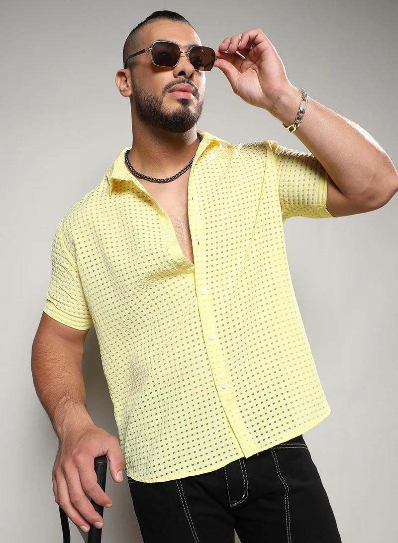 Instafab Plus Instafab Plus Men's Lemon Yellow See-Through Square Shirt For Casual Wear | Spread Collar | Short Sleeve | Button Closure | Polyester Blend Shirt Crafted With Comfort Fit For Everyday Wear