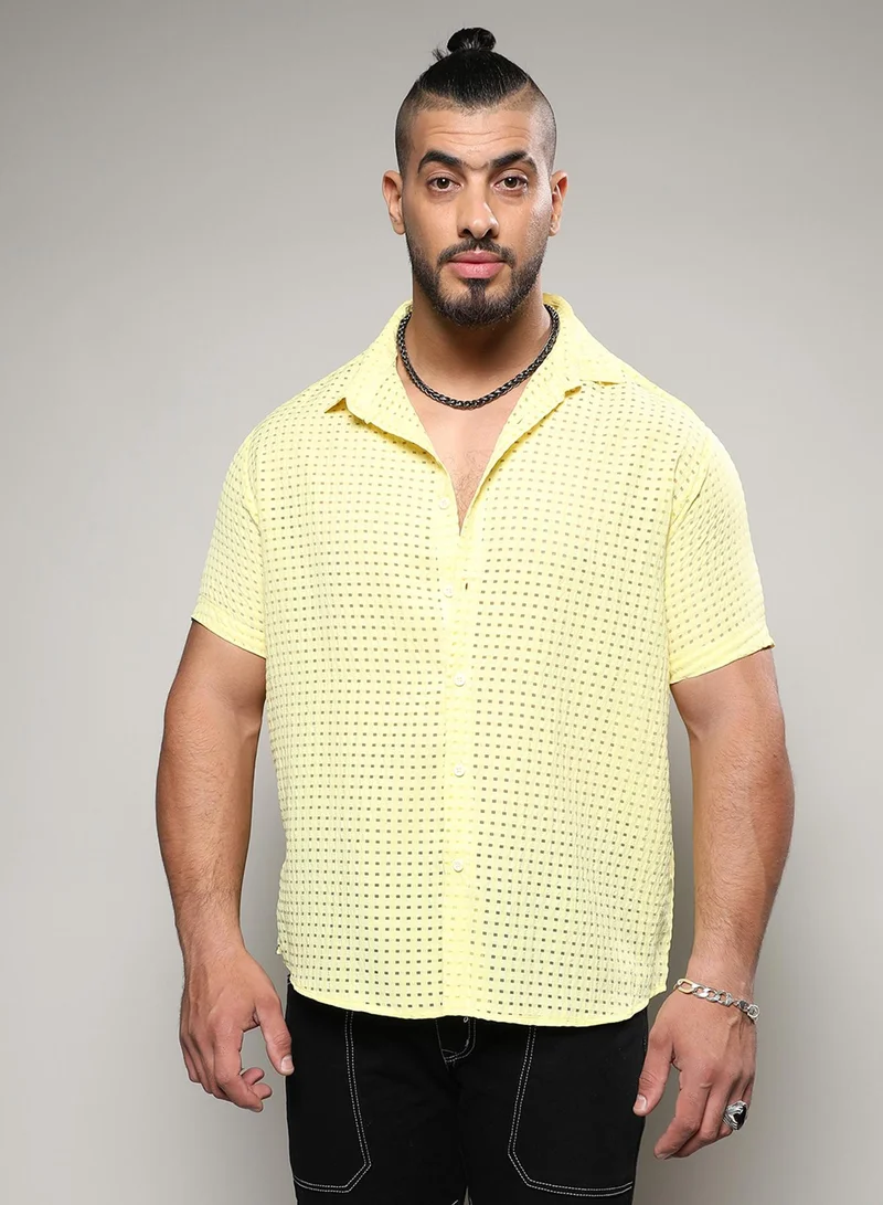 Instafab Plus Instafab Plus Men's Lemon Yellow See-Through Square Shirt For Casual Wear | Spread Collar | Short Sleeve | Button Closure | Polyester Blend Shirt Crafted With Comfort Fit For Everyday Wear