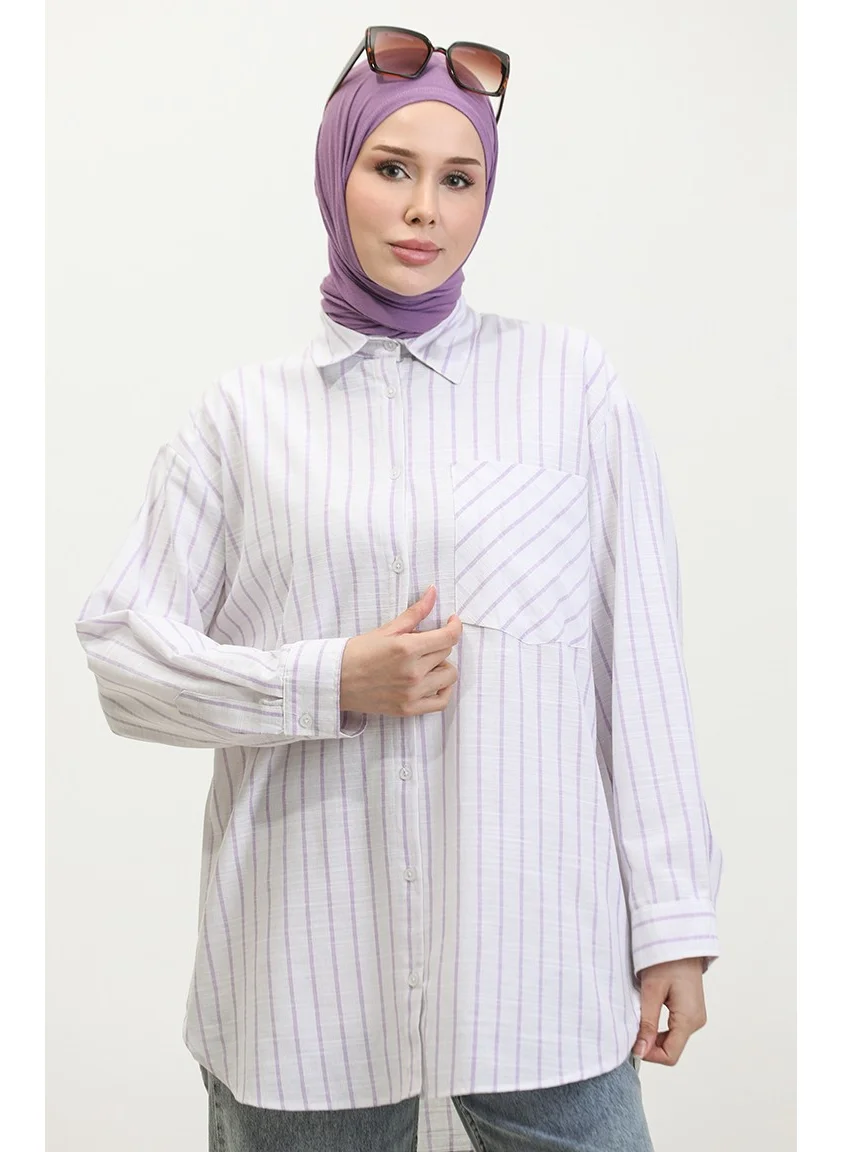 Sefa Merve Linen Blend Striped Shirt 4818-02 Lilac
