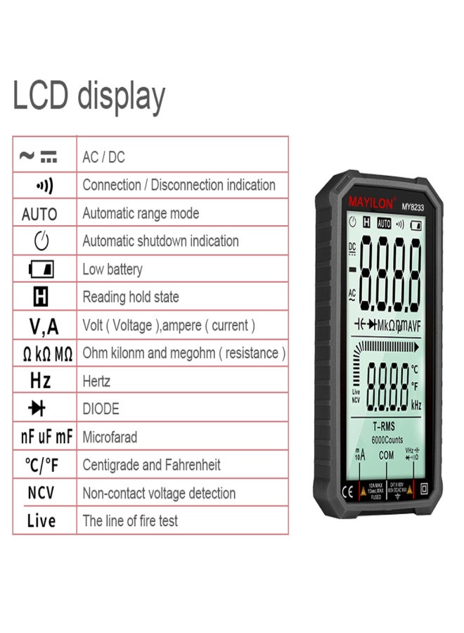 MAYILON MY8233 LCD Large Screen Digital Intelligent Multimeter Portable With Backlight Multimeter Direct Current AC Voltage Current Resistance Capacitance Line On-off Temperature Diode Measurement Multifunctional Testing Tools - Image 3