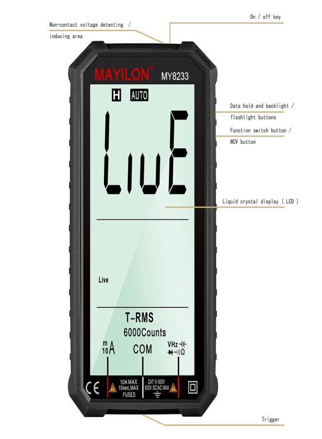 MAYILON MY8233 LCD Large Screen Digital Intelligent Multimeter Portable With Backlight Multimeter Direct Current AC Voltage Current Resistance Capacitance Line On-off Temperature Diode Measurement Multifunctional Testing Tools - Image 2
