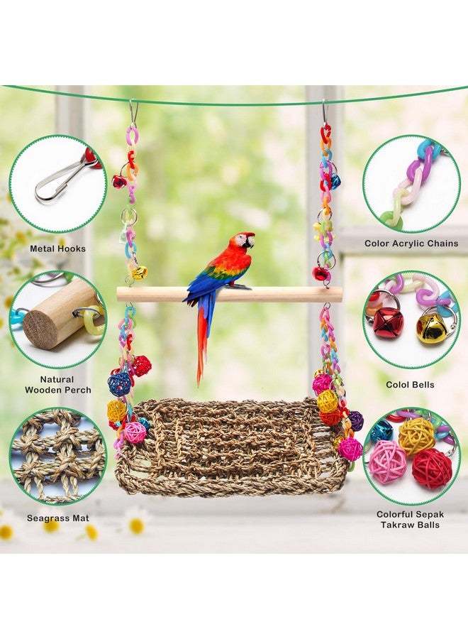 Ahier Swing Toys With Wood Perch, Ahier Bird Seagrass Woven Hammock Swing Mat Bird Climbing Hammock Bird Perch Stand Chewing Toy For Parakeets, Budgie, Conure, Cockatiel, Lovebird  - Image 3