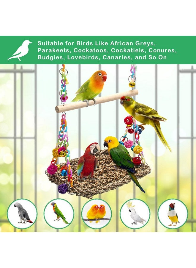 Ahier Swing Toys With Wood Perch, Ahier Bird Seagrass Woven Hammock Swing Mat Bird Climbing Hammock Bird Perch Stand Chewing Toy For Parakeets, Budgie, Conure, Cockatiel, Lovebird  - Image 4