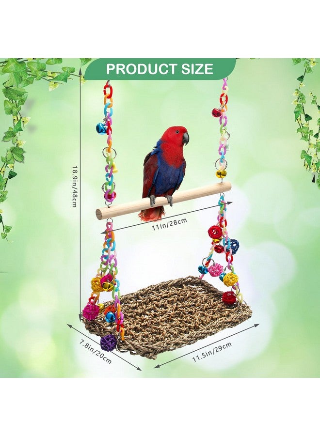 Ahier Swing Toys With Wood Perch, Ahier Bird Seagrass Woven Hammock Swing Mat Bird Climbing Hammock Bird Perch Stand Chewing Toy For Parakeets, Budgie, Conure, Cockatiel, Lovebird  - Image 2