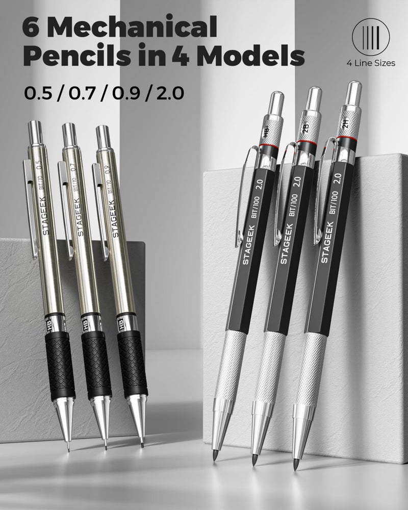 STAGEEK Mechanical Pencil Set with Leather Bag 30 Count, Drawing Pencils 0.5, 0.7, 0.9MM & 3PCS 2MM Sketching Pencils with 464PCS Lead Refills (6B 4B 2B HB 2H 4H Color) for Artist Drafting Drawing - Image 4