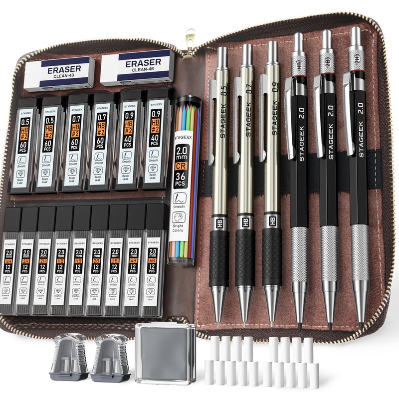 STAGEEK Mechanical Pencil Set with Leather Bag 30 Count, Drawing Pencils 0.5, 0.7, 0.9MM & 3PCS 2MM Sketching Pencils with 464PCS Lead Refills (6B 4B 2B HB 2H 4H Color) for Artist Drafting Drawing - Image 1