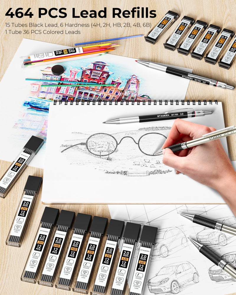 STAGEEK Mechanical Pencil Set with Leather Bag 30 Count, Drawing Pencils 0.5, 0.7, 0.9MM & 3PCS 2MM Sketching Pencils with 464PCS Lead Refills (6B 4B 2B HB 2H 4H Color) for Artist Drafting Drawing - Image 3