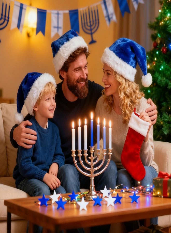 Cutecrop 12 Pcs Hanukkah Hats Blue Santa Hat Short Plush Christmas Santa Hats with White Cuffs Chanukah Party Decorations for Men Women Hanukkah Xmas Party Costume Accessories Holiday Gifts - Image 5