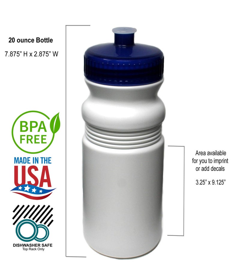 Rolling Sands 20 Ounce Sports Water Bottles 6 Pack  BPA-Free  Made In USA  Dishwasher Safe  White Bottles/Navy Lids - Image 3