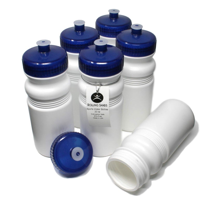 Rolling Sands 20 Ounce Sports Water Bottles 6 Pack  BPA-Free  Made In USA  Dishwasher Safe  White Bottles/Navy Lids - Image 1