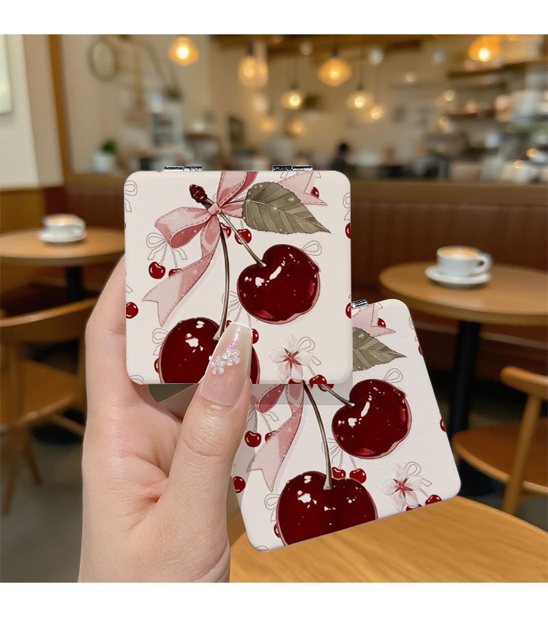 مرآة قابلة للطي محمولة من مادة PU بألوان مختلطة بتصميم كرز رجعي هدية للبنات - Image 3