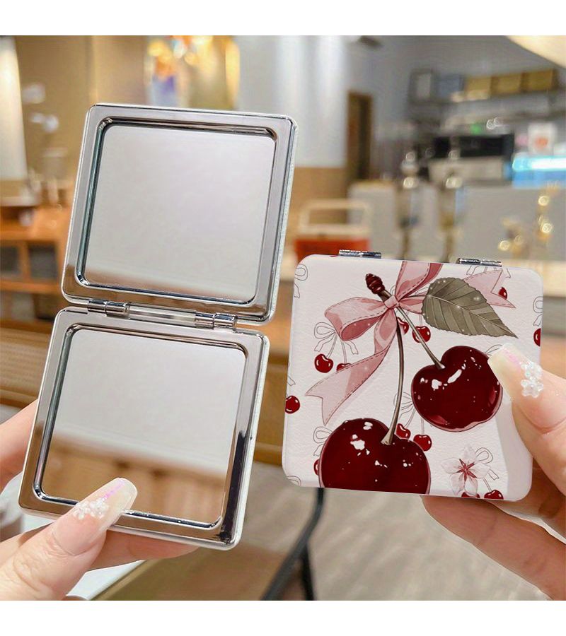 مرآة قابلة للطي محمولة من مادة PU بألوان مختلطة بتصميم كرز رجعي هدية للبنات - Image 2