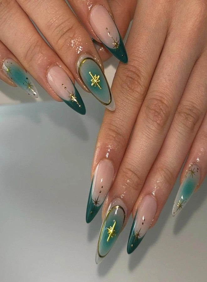 MISUD Press On Nails - Medium Almond Glossy Green Ombre Acrylic Stiletto Artificial French Tip Stick On False Nails with Gold Chrome Star Design - 24 pcs - Image 1