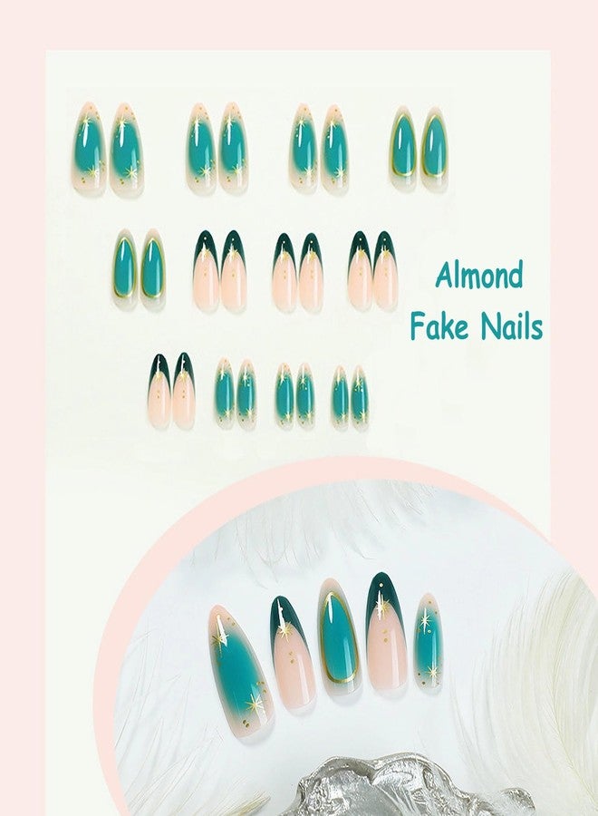 MISUD Press On Nails - Medium Almond Glossy Green Ombre Acrylic Stiletto Artificial French Tip Stick On False Nails with Gold Chrome Star Design - 24 pcs - Image 4