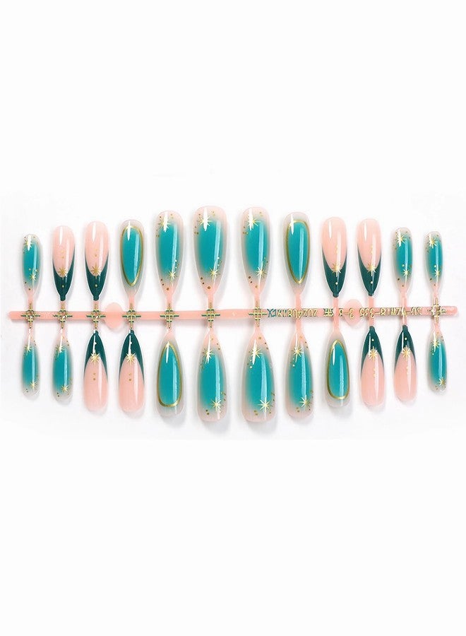 MISUD Press On Nails - Medium Almond Glossy Green Ombre Acrylic Stiletto Artificial French Tip Stick On False Nails with Gold Chrome Star Design - 24 pcs - Image 2