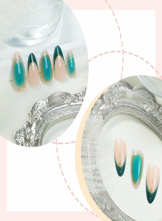 MISUD Press On Nails - Medium Almond Glossy Green Ombre Acrylic Stiletto Artificial French Tip Stick On False Nails with Gold Chrome Star Design - 24 pcs - Image 3