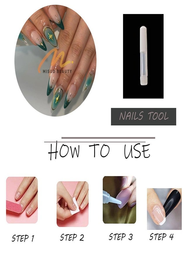 MISUD Press On Nails - Medium Almond Glossy Green Ombre Acrylic Stiletto Artificial French Tip Stick On False Nails with Gold Chrome Star Design - 24 pcs - Image 5