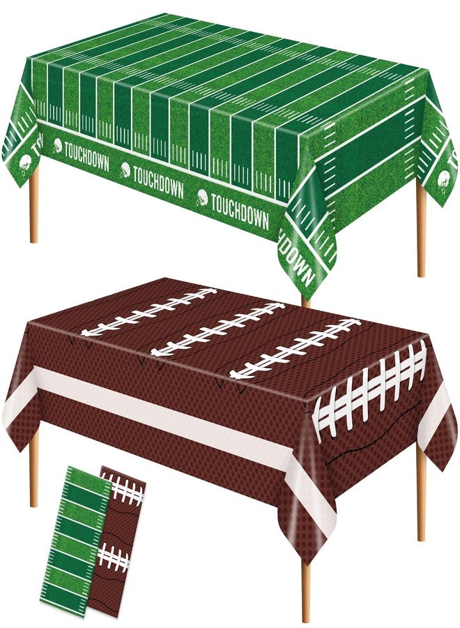 SpinLaLa 2-Piece 54 x 108 Inch Football Plastic Tablecloth Set – Green Field and Brown Football Disposable Rectangle Table Covers for Game Day, Tailgate, and Sports-Themed Parties - Image 1