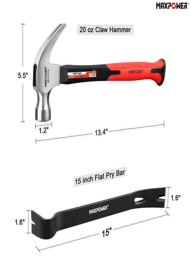 MAXPOWER Hammer and Pry Bar Set, 20oz Claw Hammer &15-inch Flat Pry Bar - Image 2