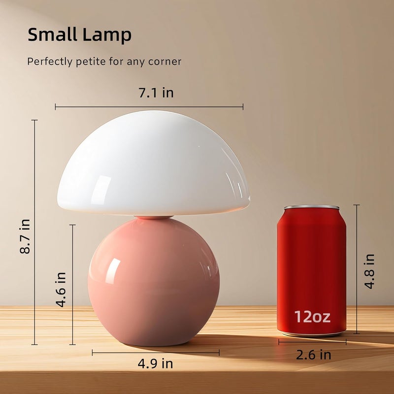 Dawnwake Mushroom Lamp Small Lamp, Table Bedside Nightstand Lamp for Bedroom, Cute Mini Modern Lamp Dimmable, Unique Aesthetic Home Decor for Living Room Girl Gifts, Ceramic Base Glass Lamp(Pink) - Image 5