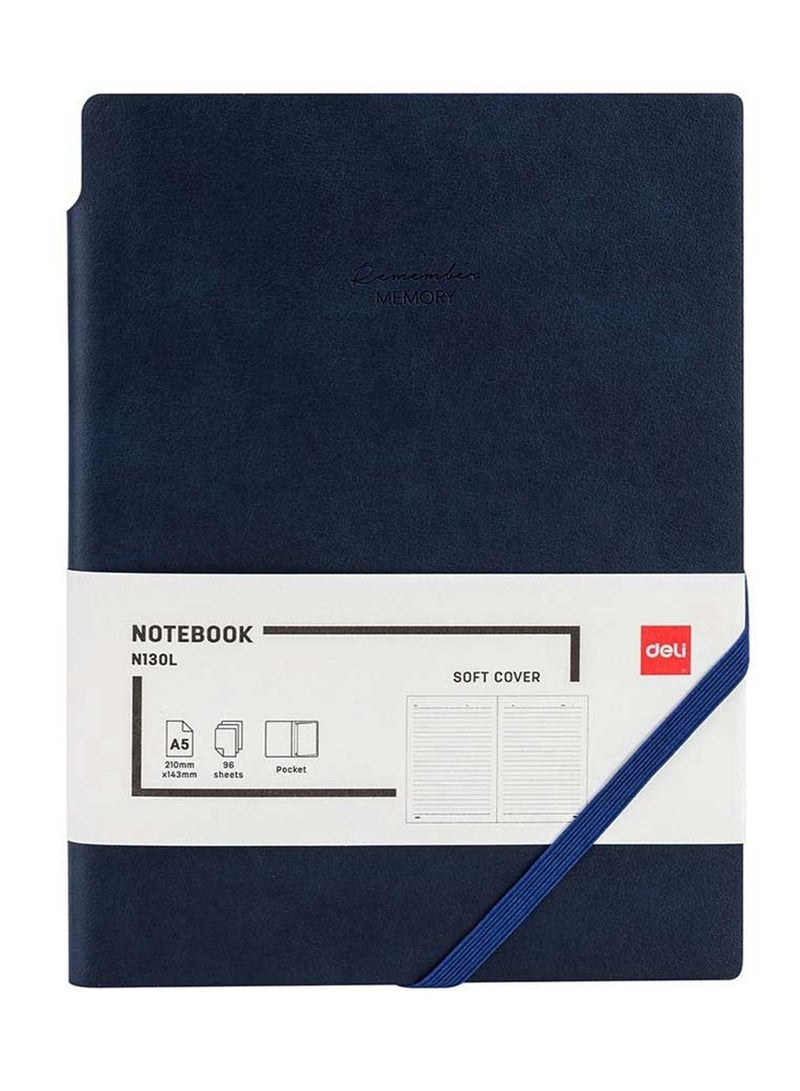 Deli دفتر ملاحظات تنفيذي بحجم A5 مع غلاف جلد ناعم وإغلاق مرن 80 ورقة أزرق - Image 1