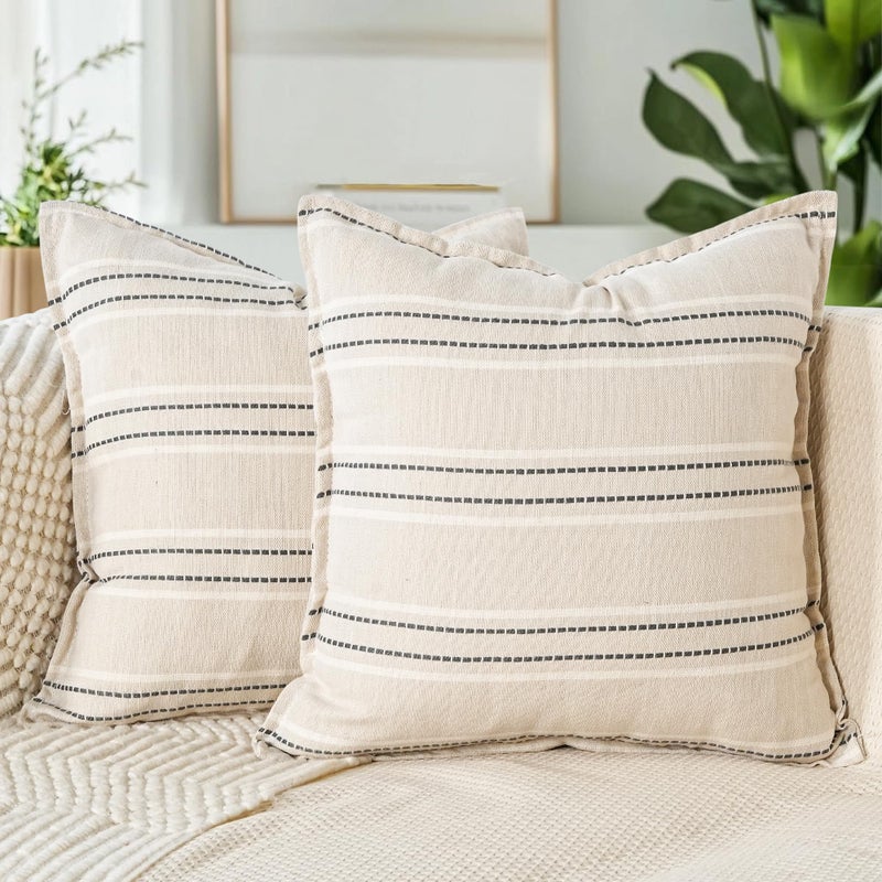 cygnus Decorative Linen Striped Throw Pillow Covers 18x18 Inch Set of 2 Neutral Boho Farmhouse Textured Cushion Covers Modern Home Decor for Couch Sofa Bed Living Room,Beige and Gray - Image 1