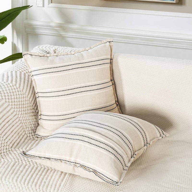 cygnus Decorative Linen Striped Throw Pillow Covers 18x18 Inch Set of 2 Neutral Boho Farmhouse Textured Cushion Covers Modern Home Decor for Couch Sofa Bed Living Room,Beige and Gray - Image 2