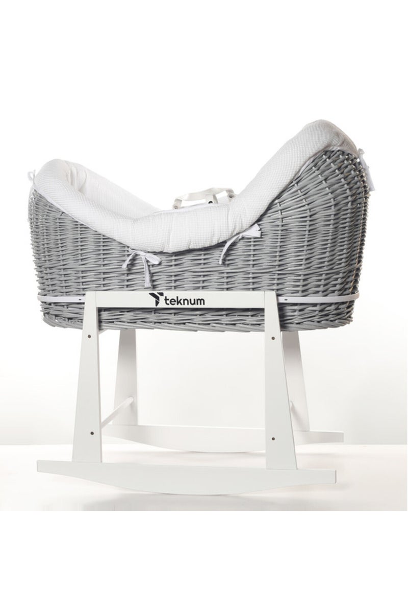 Infant Wicker Pod Moses Basket with White Waffle Beddings & White Rocker Stand - Wooden Grey - Image 1