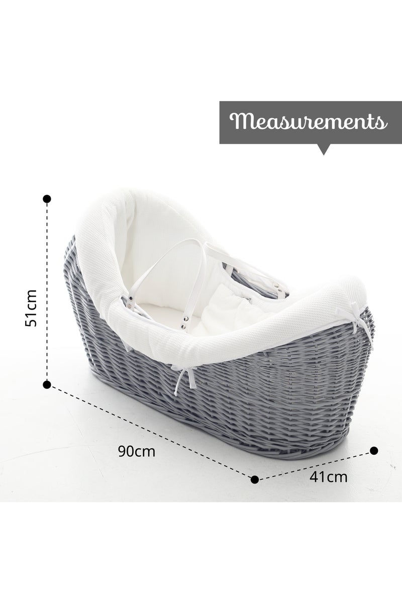 Infant Wicker Pod Moses Basket with White Waffle Beddings & White Rocker Stand - Wooden Grey - Image 5