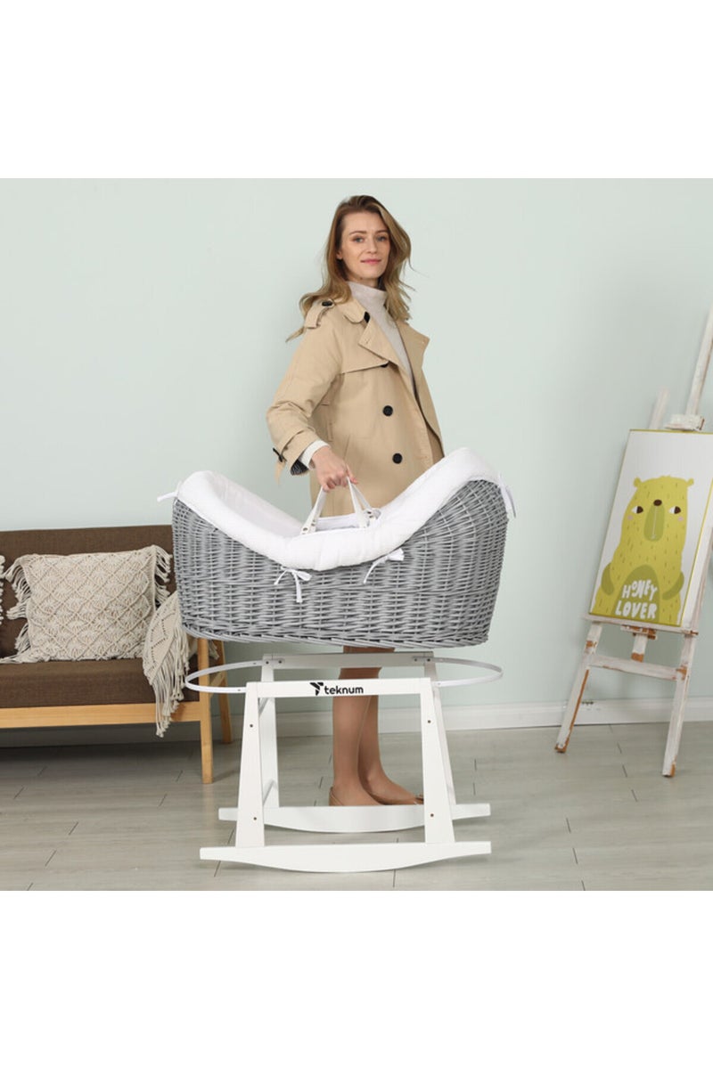 Infant Wicker Pod Moses Basket with White Waffle Beddings & White Rocker Stand - Wooden Grey - Image 3