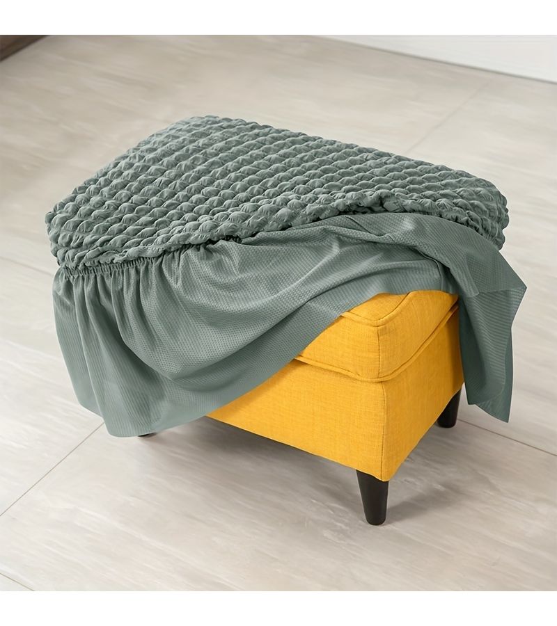 Matcha Green Seersucker Footstool Cover With Elastic Closure Easy Wash Retro Decor - Image 5