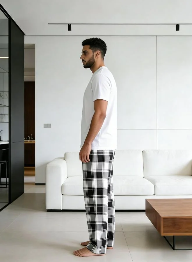 Take Two White Men Printed Round Neck T-Shirt and Checked Pants Set for Men | Best Price UAE