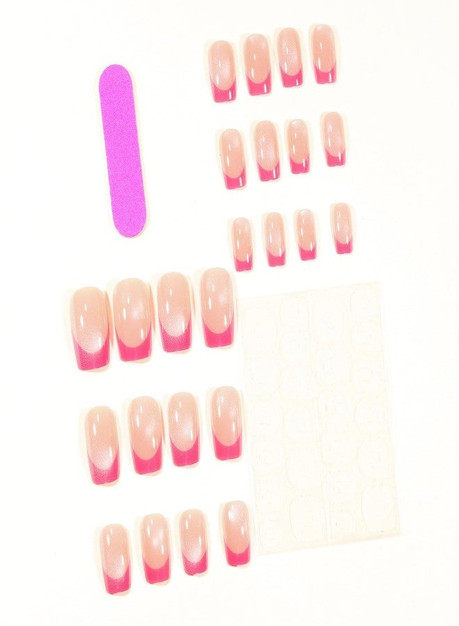 ROKHEVN Short Press on Nails Square Fake Nails with Hot Pink French Tip Design Stick on Nails Glossy False Nails Full Cover Acrylic Glue on Nails for Women Manicure 24pcs - Image 2