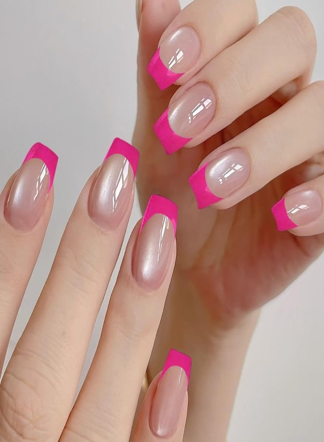 ROKHEVN Short Press on Nails Square Fake Nails with Hot Pink French Tip Design Stick on Nails Glossy False Nails Full Cover Acrylic Glue on Nails for Women Manicure 24pcs - Image 1