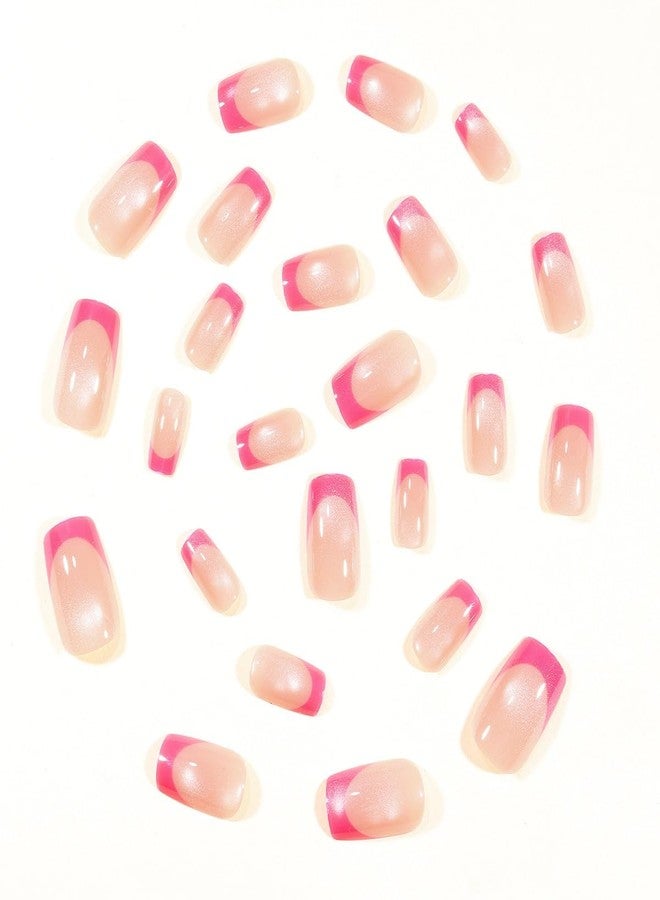 ROKHEVN Short Press on Nails Square Fake Nails with Hot Pink French Tip Design Stick on Nails Glossy False Nails Full Cover Acrylic Glue on Nails for Women Manicure 24pcs - Image 3