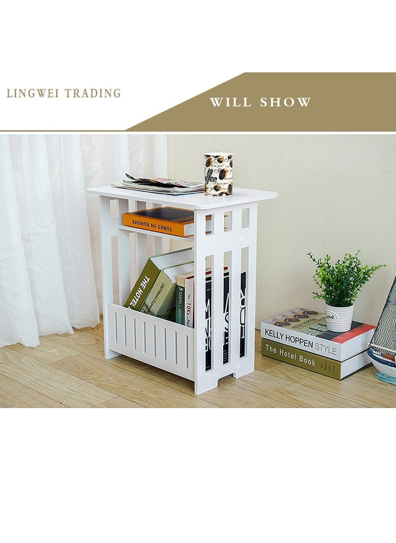 LINGWEI - LINGWEI End Table Sofa Side Table For Clock Bedside Desk Nightstand 2 Tier Storage Basket Book Shelf Sink Organizer Multipurpose Simple Wooden Small Study Table With Bookshelf Coffee Table - Image 1
