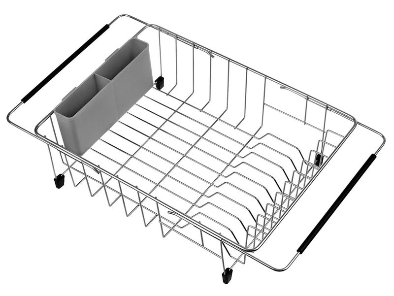 SANNO Deep Large Dish Drying Rack Expandable Dishes Drainer Over The Sink Adjustable Arms Dish DrainerDish Rack in Sink or On Counter Utensil Silverware Storage Holder Rustproof Stainless Steel