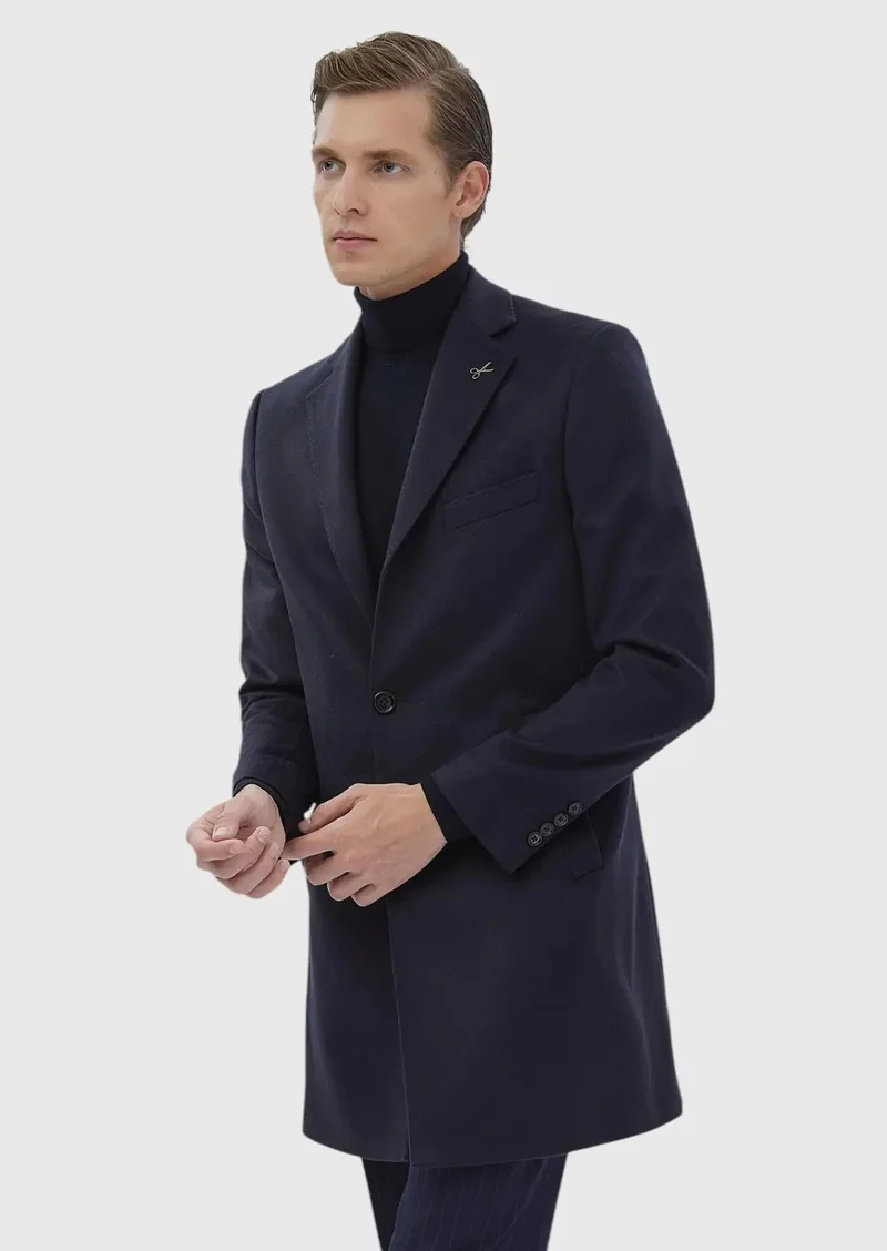RAMSEY Navy Blue Regular Fit Butterfly Collar Classical Weaving Overcoat