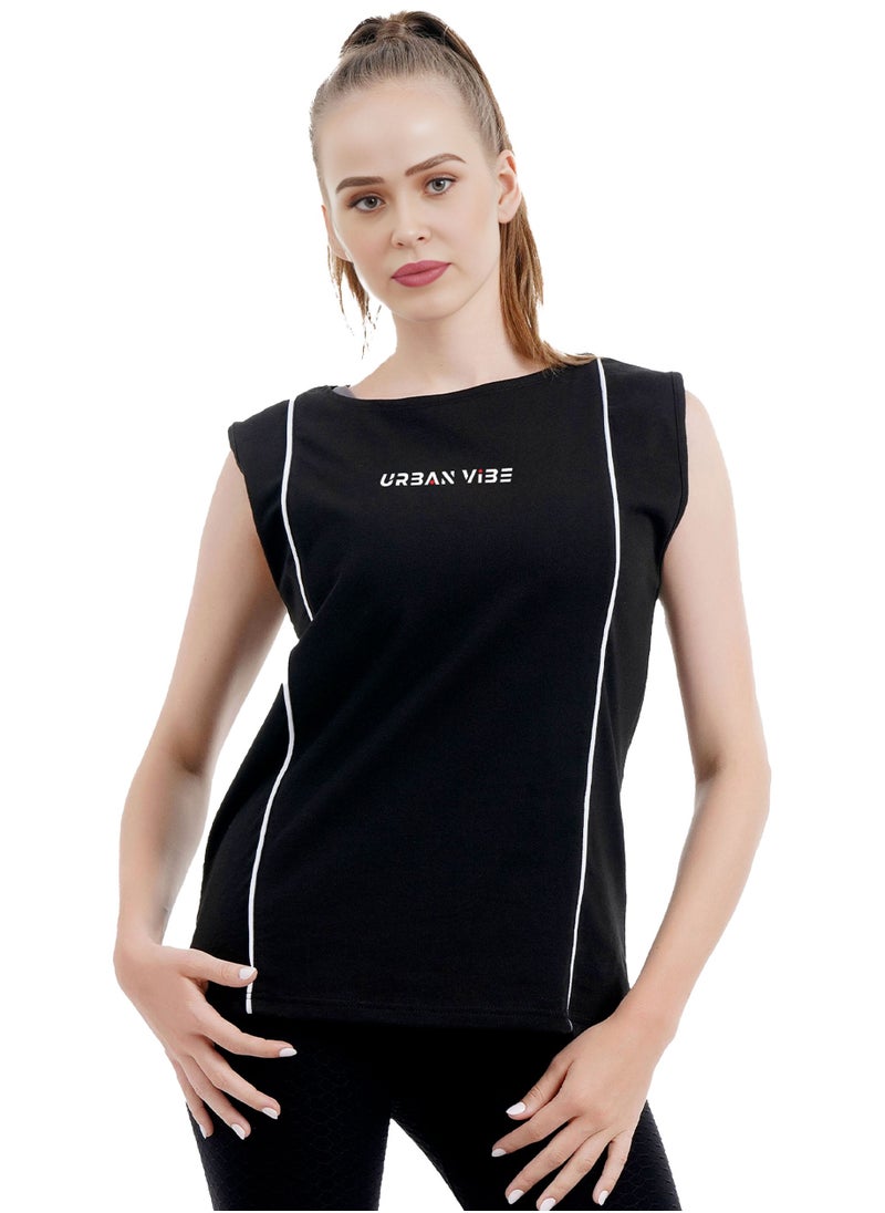 Selecta Now - Ladies Sleeveless Cotton T-Shirt Black Breathable Contrast Piping Tank Top Soft Stretchable Women’s T Shirt Ideal for Hot Climate - Image 1