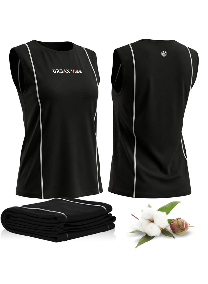 Selecta Now Ladies Sleeveless Cotton T-Shirt Black Breathable Contrast Piping Tank Top Soft Stretchable Women’s T Shirt Ideal for Hot Climate - Image 1