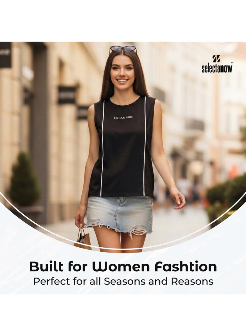 Selecta Now Ladies Sleeveless Cotton T-Shirt Black Breathable Contrast Piping Tank Top Soft Stretchable Women’s T Shirt Ideal for Hot Climate - Image 3