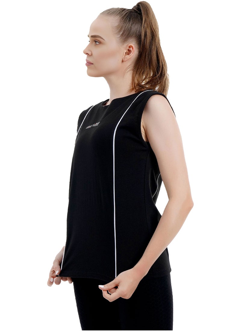 Selecta Now - Ladies Sleeveless Cotton T-Shirt Black Breathable Contrast Piping Tank Top Soft Stretchable Women’s T Shirt Ideal for Hot Climate - Image 1