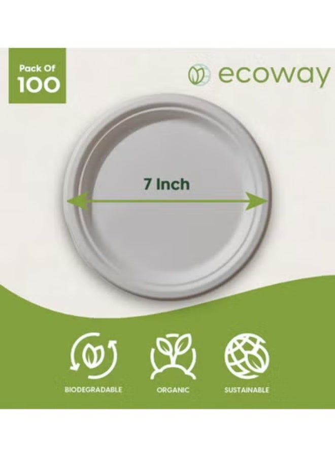 ECOWAY إيكواي [طبق دائري 7 بوصة عبوة من 100] لون طبيعي - أطباق قابلة للتصرف مصنوعة من لب قصب السكر آمنة في الميكروويف والتجميد، قابلة للتحلل البيولوجي، أطباق عشاء قوية للاستخدام اليومي - Image 3