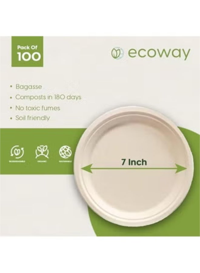 ECOWAY إيكواي [طبق دائري 7 بوصة عبوة من 100] لون طبيعي - أطباق قابلة للتصرف مصنوعة من لب قصب السكر آمنة في الميكروويف والتجميد، قابلة للتحلل البيولوجي، أطباق عشاء قوية للاستخدام اليومي - Image 2