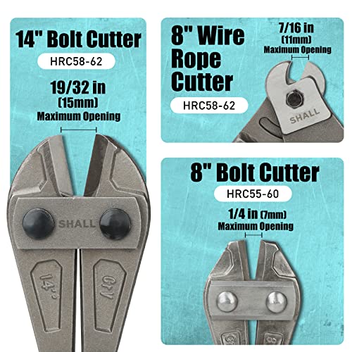 SHALL 3-Piece Bolt Cutters, 14" Heavy Duty Bolt Cutter, 8" Mini Bolt Cutter, 8" Wire Rope Cutter, Ergonomic Handle, More Efficient Leverage for Cutting Locks, Chains, Iron Wire, Carrying Case Included - Image 2
